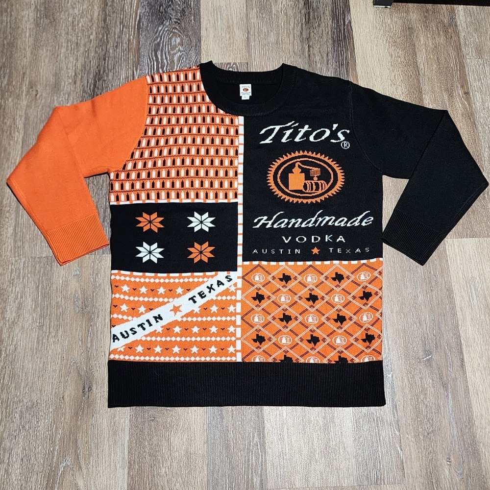 Tito's Vodka Size L Austin Texas Black Orange Knit Sweater Pullover Drinking